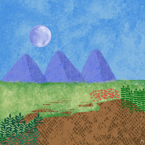 Digital watercolor composition with land, grass and foliage n the foreground, purple mountains against a deep blue sky, and a full moon