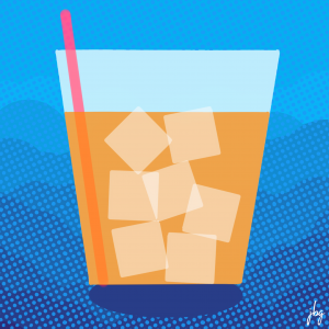 Digital abstract illustration of a glass of iced tea with a straw on a variegated blue halftone background