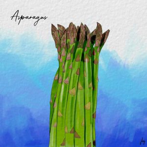 Digital watercolor drawing of a bundle of green asparagus against a brilliant blue background