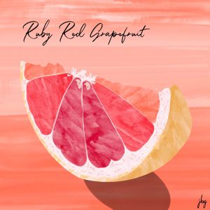 Digital watercolor drawing of a wedge of Ruby Red Grapefruit against a reddish-orange background