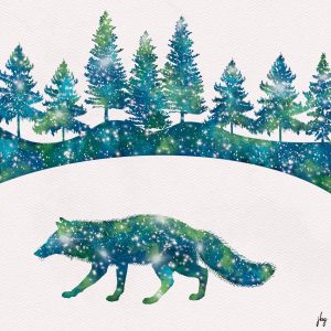 Fox and trees silhouettes with Aurora Borealis color scheme and stars