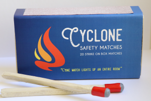 Package Design for Cyclone Safety Matches, oversized matchbox with clay matches