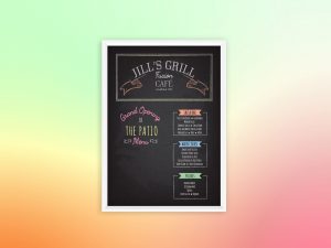Chalkboard menu for Grand Opening of the Patio at Jill's Grill using bright colors