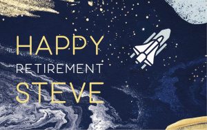 Rocket Science-themed retirement card in blues and golds with a space shuttle icon, by Jill B Gilbert