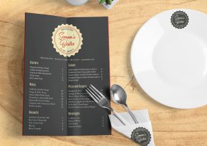Simon's Bistro menu with ivory, red and charcoal brand and attractive typography