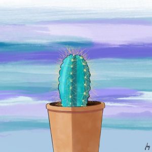 Torch cactus in a terracotta pot against a sky of blue and lavender