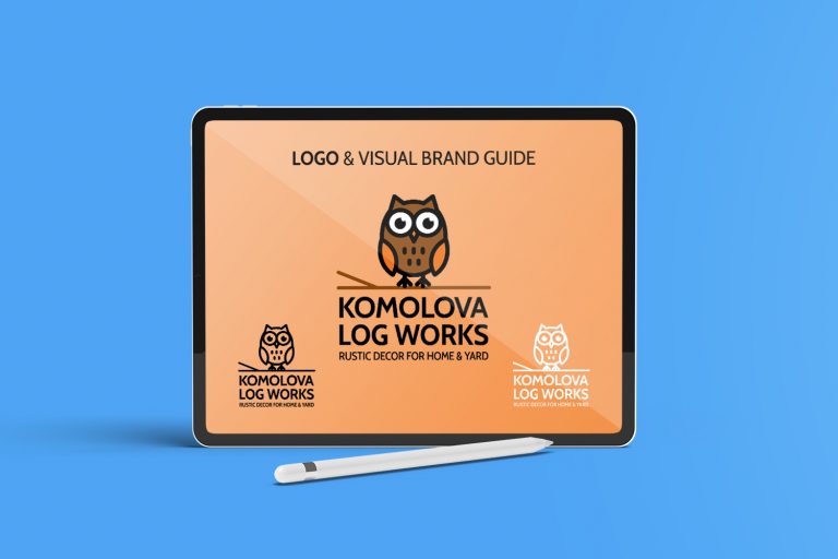Komolova Log Works logo in full color, all black and all white