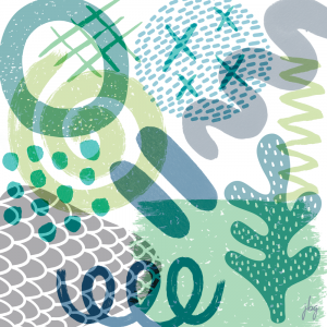 Abstract composition in soft greens, blues and grays. Cactus, ground, sun and abstract shapes.