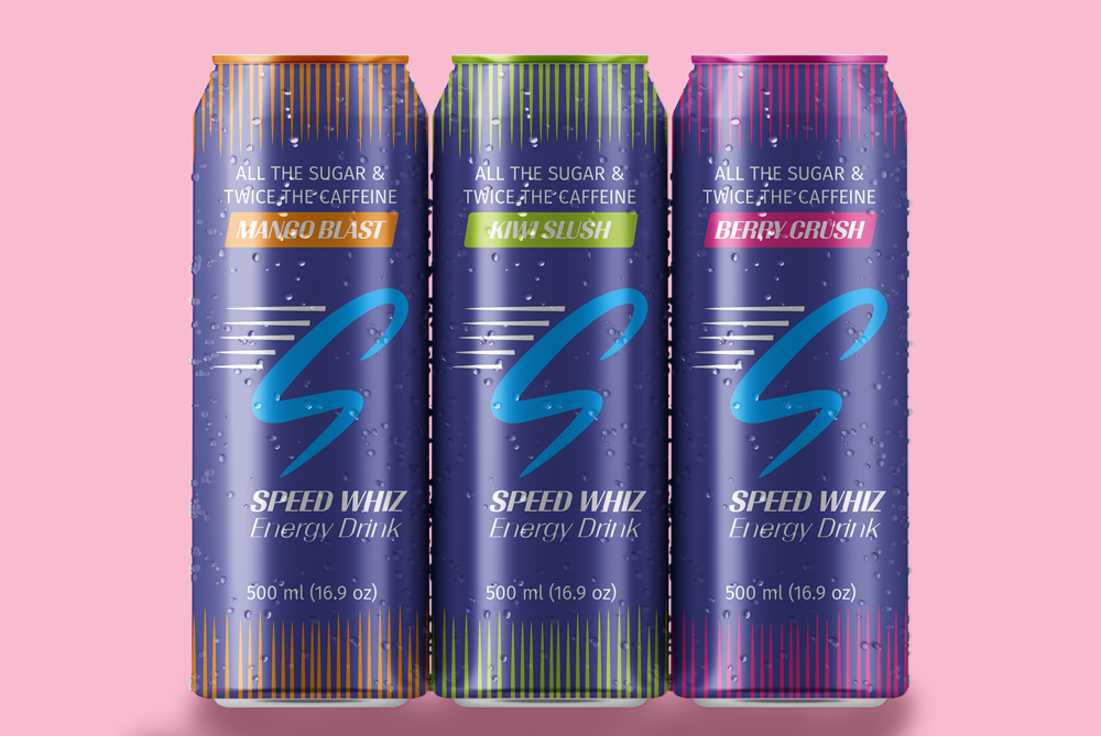 Three cans of Speed Whiz Energy Drink, with Mango Blast, Kiwi Slush, and Berry Crush flavors.