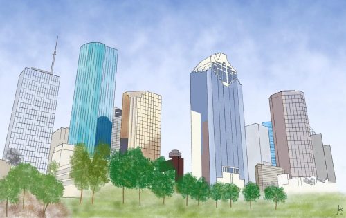 Houston skyline watercolor drawing by Jill B Gilbert